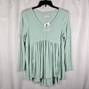 NEW True Craft Aqua Mixed Media Ribbed V-Neck Flowy Baby Doll Tunic Top Plus 1X